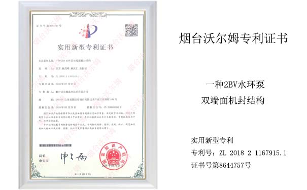 沃尔姆专利证书:一种2BV水环泵双端面机封结构 沃尔姆专利证书:一种2BV水环泵双端面机封结构