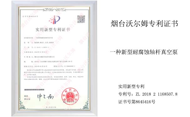 沃尔姆专利证书:一种新型耐腐蚀轴杆真空泵 沃尔姆专利证书:一种新型耐腐蚀轴杆真空泵